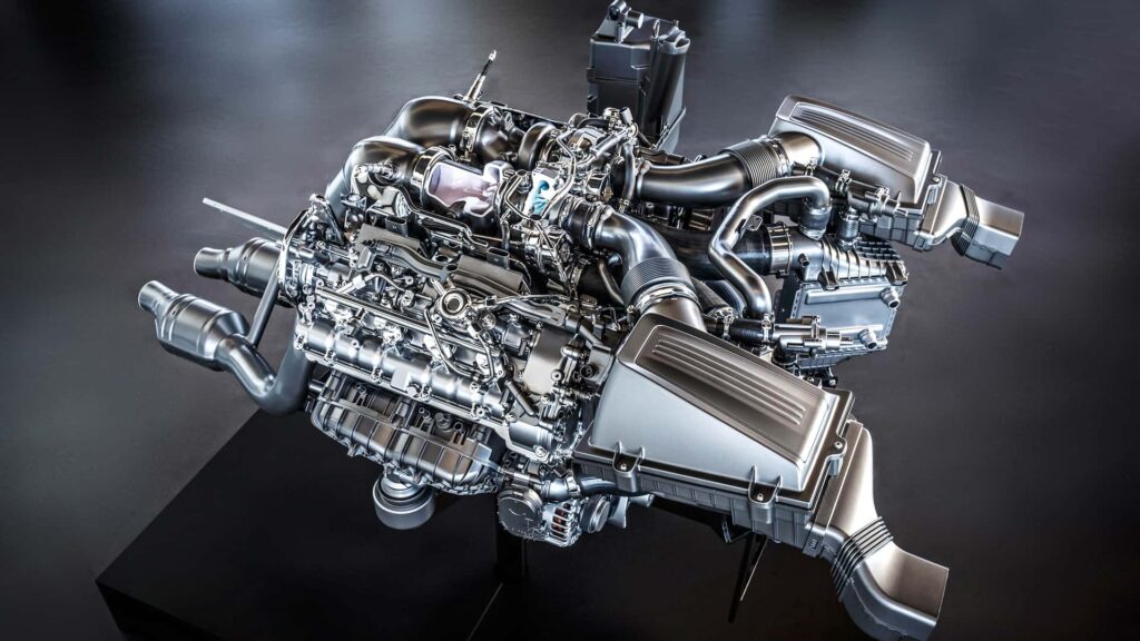 A twin-turbo 4.0-liter V-8, first seen in the AMG GT