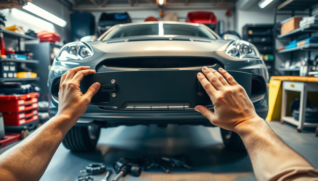 A DIY garage scene showing the detailed process of reinstalling a car bumper. In the foreground, a person's hands carefully aligning and securing the bumper back onto the vehicle's frame, with various tools and replacement parts neatly arranged. The middle ground features the vehicle's front end, with the bumper seamlessly integrated, conveying a sense of repair and restoration. The background depicts a well-lit, organized workshop setting, complete with shelves of automotive supplies, a workbench, and adequate lighting to illuminate the delicate task at hand. The overall atmosphere exudes a sense of confidence and competence in tackling this DIY car repair project.