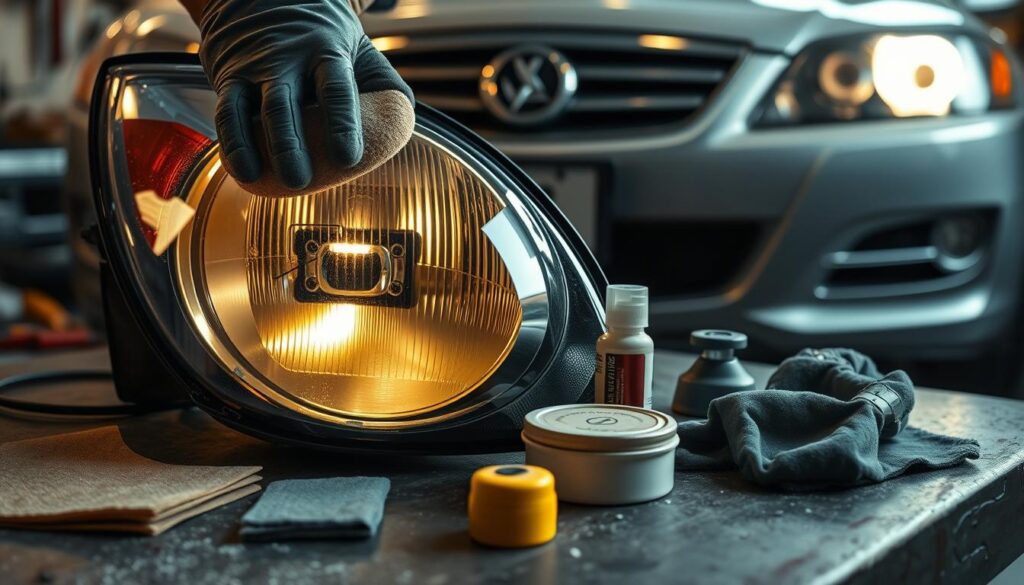 A DIY headlight restoration workshop scene. In the foreground, a pair of foggy, yellowed headlights on a car are being sanded and polished by a pair of gloved hands. The middle ground shows various restoration tools laid out, including sandpaper, polish, and microfiber cloths. In the background, a well-lit workbench with a tool rack and a car's front end can be seen. The lighting is warm and focused, creating a sense of attention to detail and care in the restoration process. The overall mood is one of a methodical, hands-on approach to reviving dull, aged headlights.
