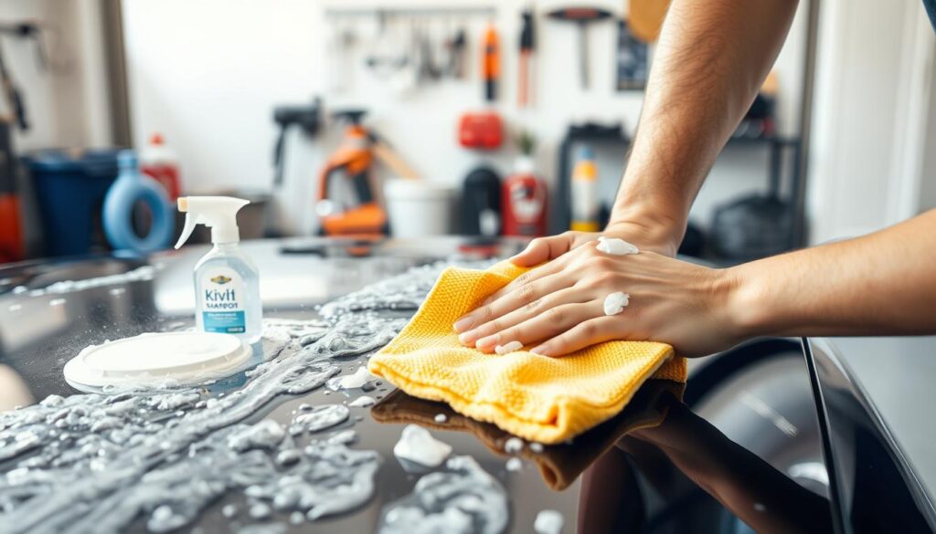 A bright, well-lit scene of a car being carefully washed using traditional hand-washing techniques. In the foreground, a person gently scrubbing the vehicle's surface with a soft microfiber cloth, carefully removing dirt and grime. The middle ground shows a selection of specialized car-washing products, including a bucket of soapy water and a high-quality car shampoo. In the background, a neatly organized garage or driveway setting, with tools and equipment for maintaining a vehicle's appearance. The lighting is soft and diffused, creating a calm, focused atmosphere, and the overall scene conveys a sense of meticulous attention to detail and respect for the car's finish.
