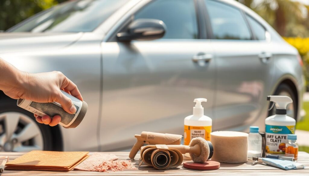 A clean and well-maintained car parked in a bright, sunny outdoor setting. The car's metallic surface is gleaming, free from any visible signs of rust or corrosion. In the foreground, a hand carefully applies a protective coating or sealant to the car's body, ensuring a smooth, uniform finish. The mid-ground features an array of rust-prevention tools and supplies, such as sandpaper, chemical treatments, and polishing compounds. In the background, a lush, green landscape provides a natural, tranquil backdrop, emphasizing the importance of environmental factors in preventing car rust. Soft, diffused lighting illuminates the scene, creating a sense of warmth and care. The overall mood conveys a satisfying, DIY approach to maintaining a car's pristine condition.