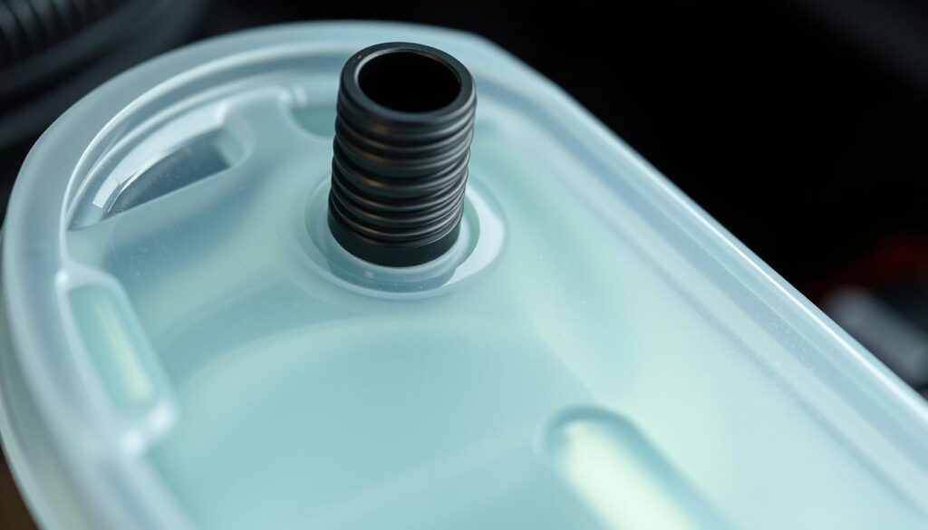 A close-up, high-resolution photograph of a car's brake fluid reservoir, filled with fresh, clear brake fluid. The reservoir is made of transparent plastic, allowing the fluid level to be clearly visible. The reservoir is positioned in the foreground, with a clean, well-lit background, and a slight angle to showcase the depth and texture of the fluid. The image has a clean, clinical, and professional appearance, suitable for an instructional guide on changing brake fluid.