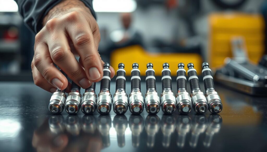 A close-up shot of a mechanic's hands inspecting a set of spark plugs against a clean, well-lit automotive workbench. The spark plugs are laid out in a neat row, their metal tips and ceramic insulators glistening under the soft, diffused lighting. The mechanic's fingers carefully examine each plug, checking for signs of wear, damage, or improper gap settings. The background is blurred, keeping the focus on the intricate details of the spark plugs and the mechanic's skilled hands. The scene conveys a sense of diligence, precision, and the importance of properly maintaining a vehicle's ignition system. A close-up shot of a mechanic's hands inspecting a set of spark plugs against a clean, well-lit automotive workbench. The spark plugs are laid out in a neat row, their metal tips and ceramic insulators glistening under the soft, diffused lighting. The mechanic's fingers carefully examine each plug, checking for signs of wear, damage, or improper gap settings. The background is blurred, keeping the focus on the intricate details of the spark plugs and the mechanic's skilled hands. The scene conveys a sense of diligence, precision, and the importance of properly maintaining a vehicle's ignition system.