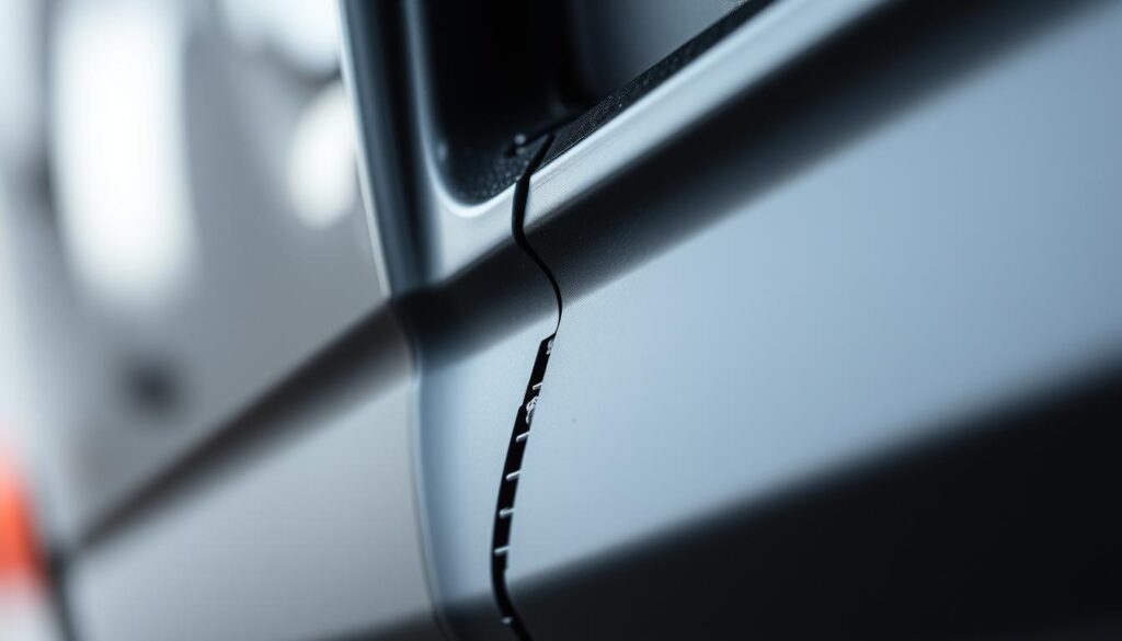 A close-up view of a car bumper with a minor crack running along its surface. The bumper is made of durable plastic and has a matte black finish. The lighting is soft and diffused, creating subtle shadows that accentuate the texture and contours of the damaged area. The background is blurred, placing the focus entirely on the repair subject. The overall mood is one of technical precision, inviting the viewer to closely examine the problem and consider the steps required to fix it.