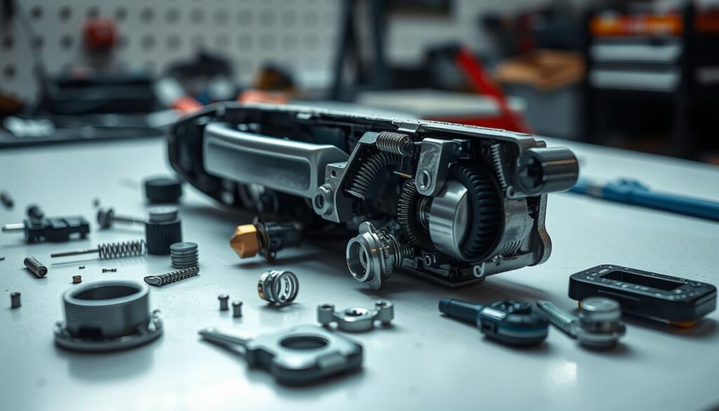 A close-up view of a car door handle mechanism, meticulously disassembled and laid out on a clean, well-lit workbench. The intricate parts, springs, and gears are clearly visible, allowing the viewer to understand the complexity of the system. The lighting is soft and diffused, creating a sense of depth and highlighting the delicate inner workings. The camera angle is slightly elevated, providing a detailed, technical perspective on the repair process. The overall mood is one of focus and problem-solving, conveying the challenges and skills required to fix a stuck door handle.