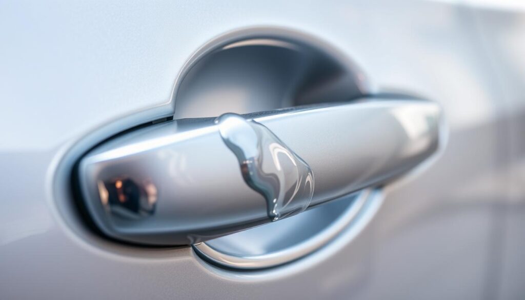 A close-up view of a car door handle, the surface gleaming with a fresh application of lubricant. The handle's metallic finish reflects the soft, diffused lighting from an overhead source, casting gentle shadows that accentuate its intricate design. The lubricant has been applied evenly, creating a thin, transparent layer that promises smooth, effortless operation. The background is blurred, placing the handle in sharp focus, emphasizing its importance in the maintenance and repair of the car door mechanism.