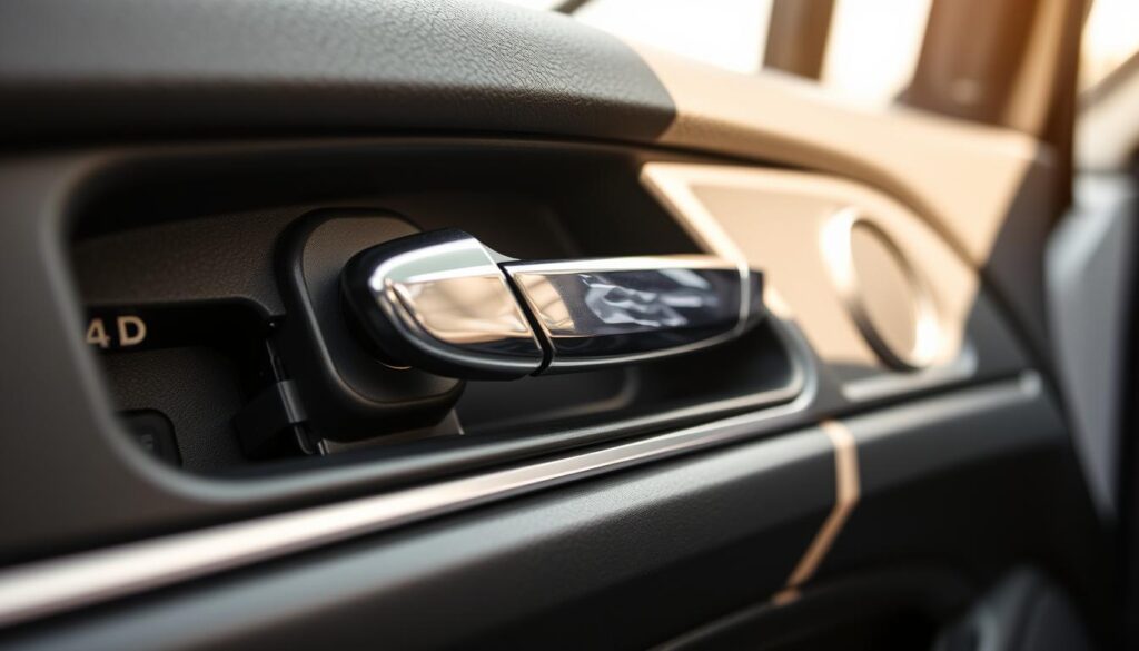 A close-up view of a car door panel being carefully reattached, revealing the inner workings and replacement car door handle. The foreground showcases the new handle, its intricate design and metallic finish, while the middle ground displays the car's interior trim and panel, meticulously positioned. The background is blurred, creating a focus on the task at hand. The lighting is soft and natural, casting subtle shadows that accentuate the textures and details. The scene conveys a sense of precision, concentration, and the satisfaction of successfully completing a DIY repair. The eyes of the person working on the car door are not visible, maintaining the viewer's focus on the technical task. A close-up view of a car door panel being carefully reattached, revealing the inner workings and replacement car door handle. The foreground showcases the new handle, its intricate design and metallic finish, while the middle ground displays the car's interior trim and panel, meticulously positioned. The background is blurred, creating a focus on the task at hand. The lighting is soft and natural, casting subtle shadows that accentuate the textures and details. The scene conveys a sense of precision, concentration, and the satisfaction of successfully completing a DIY repair. The eyes of the person working on the car door are not visible, maintaining the viewer's focus on the technical task.