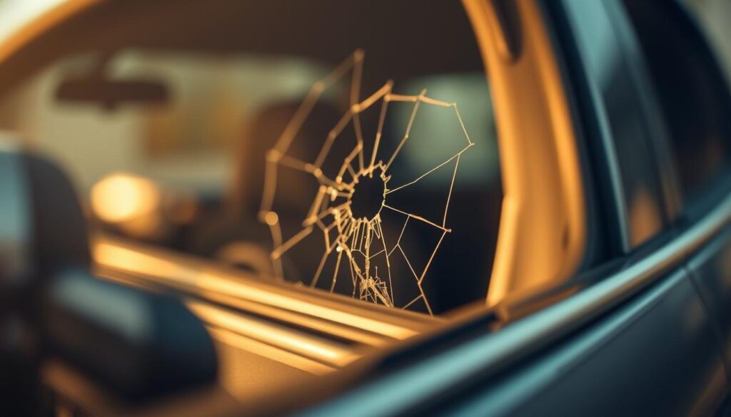 A close-up view of a car window frame, showcasing a cracked or damaged pane. The window is slightly ajar, revealing the intricate mechanism behind it. The lighting is soft and diffused, creating a warm, inviting atmosphere. The foreground is in sharp focus, highlighting the texture and details of the window's surface, while the background is subtly blurred, creating a sense of depth and emphasis on the subject. The overall composition is balanced and visually appealing, capturing the essence of a common car window problem that needs attention.