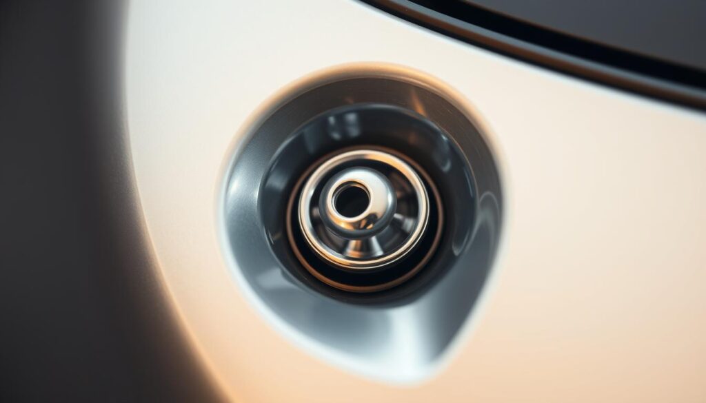 A close-up view of a car's windshield washer nozzle, situated on the front end of the vehicle. The nozzle is made of shiny, metallic material and features a small, circular opening from which the washer fluid is dispersed. The nozzle is positioned within a recessed area, surrounded by the car's bodywork, creating a sense of depth and context. The lighting is soft and diffused, casting subtle shadows that accentuate the nozzle's form and texture. The overall scene conveys a sense of technical precision and attention to detail, inviting the viewer to closely examine the workings of this essential automotive component.