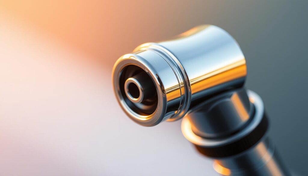 A close-up view of a chrome-plated windshield washer nozzle, positioned against a soft, blurred background. The nozzle's cylindrical form and intricate details are sharply in focus, showcasing its mechanical design and engineering. Warm, directional lighting highlights the metallic surfaces, creating a sense of depth and dimension. The scene conveys a sense of precision and technical expertise, aligning with the article's focus on selecting the right replacement component.