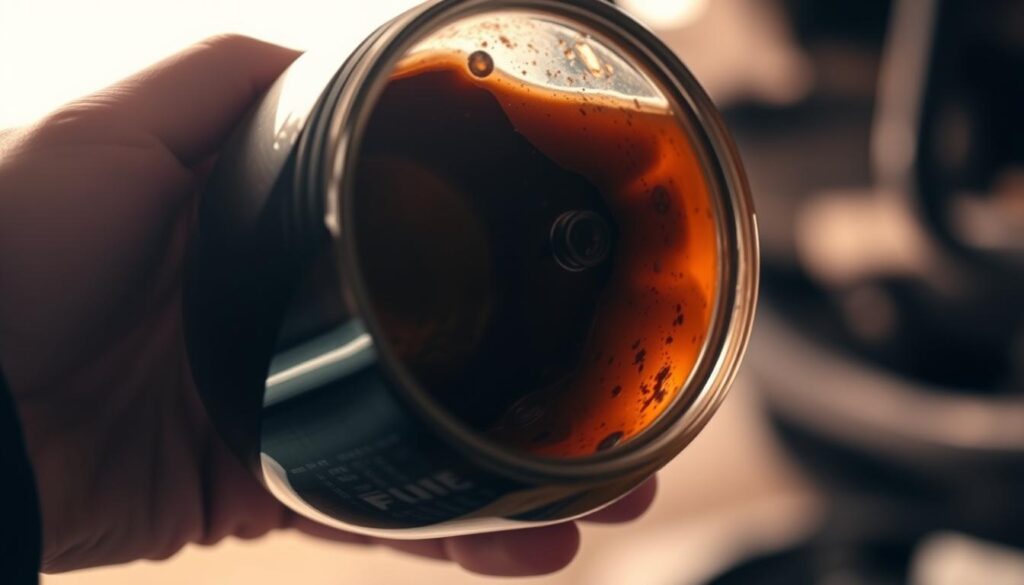 A close-up view of a mechanic's hand holding a clear glass container filled with dirty, discolored brake fluid. The fluid is murky and has a brownish-black tint, indicating contamination. The image is shot at a low angle, with a soft, warm lighting that casts subtle shadows, highlighting the viscosity and texture of the fluid. The background is blurred, placing the focus on the container and the mechanic's hand. The overall mood is one of concern and the need for attention, emphasizing the importance of regular brake fluid inspections. A close-up view of a mechanic's hand holding a clear glass container filled with dirty, discolored brake fluid. The fluid is murky and has a brownish-black tint, indicating contamination. The image is shot at a low angle, with a soft, warm lighting that casts subtle shadows, highlighting the viscosity and texture of the fluid. The background is blurred, placing the focus on the container and the mechanic's hand. The overall mood is one of concern and the need for attention, emphasizing the importance of regular brake fluid inspections.