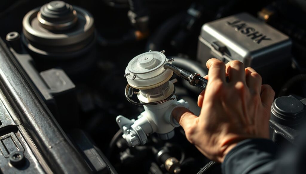 A close-up view of a mechanic's hands carefully installing a new windshield washer pump. The pump is positioned in the engine bay, surrounded by other automotive components. Bright task lighting illuminates the scene, casting dramatic shadows. The mechanic's hands move with precision, using a set of tools to securely mount the pump and connect the electrical and fluid lines. The image conveys a sense of focused attention and technical expertise required for this detailed automotive repair task.