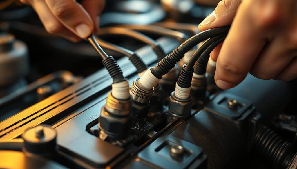 A close-up view of a pair of hands carefully installing new spark plug wires on an engine block. The wires are black, with a distinct ribbed texture, and are being connected to the spark plugs with precision and care. The engine is well-lit, casting a warm glow on the scene, and the camera angle emphasizes the intricate details of the installation process. The background is blurred, keeping the focus on the delicate task at hand. The atmosphere conveys a sense of concentration and attention to detail, reflecting the importance of properly replacing spark plug wires for optimal engine performance.