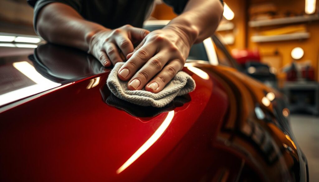 A close-up view of a person's hands carefully applying car wax to the smooth, glossy surface of a vehicle, using a soft microfiber cloth to gently buff and polish the paint. The scene is set in a well-lit garage or workshop, with a warm, inviting atmosphere. The lighting casts soft, diffused shadows, highlighting the intricate details of the waxing process. The focus is on the technique, emphasizing the importance of attention to detail and a methodical approach to maintaining a pristine, showroom-like finish. The person's face is not visible, allowing the viewer to focus solely on the hands and the car's surface.