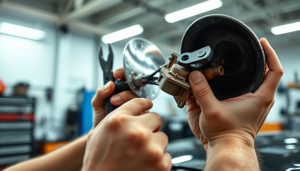 A close-up view of a person's hands carefully removing and replacing an old car horn with a new one, set against a clean, well-lit automotive workshop background. The hands are focused and precise, with tools like pliers and wrenches visible. The new car horn is shiny and modern, contrasting with the worn, rusted components being replaced. The lighting is soft and even, creating a sense of clarity and attention to detail. The overall mood is one of competent DIY repair, with the steps of the process clearly visible.