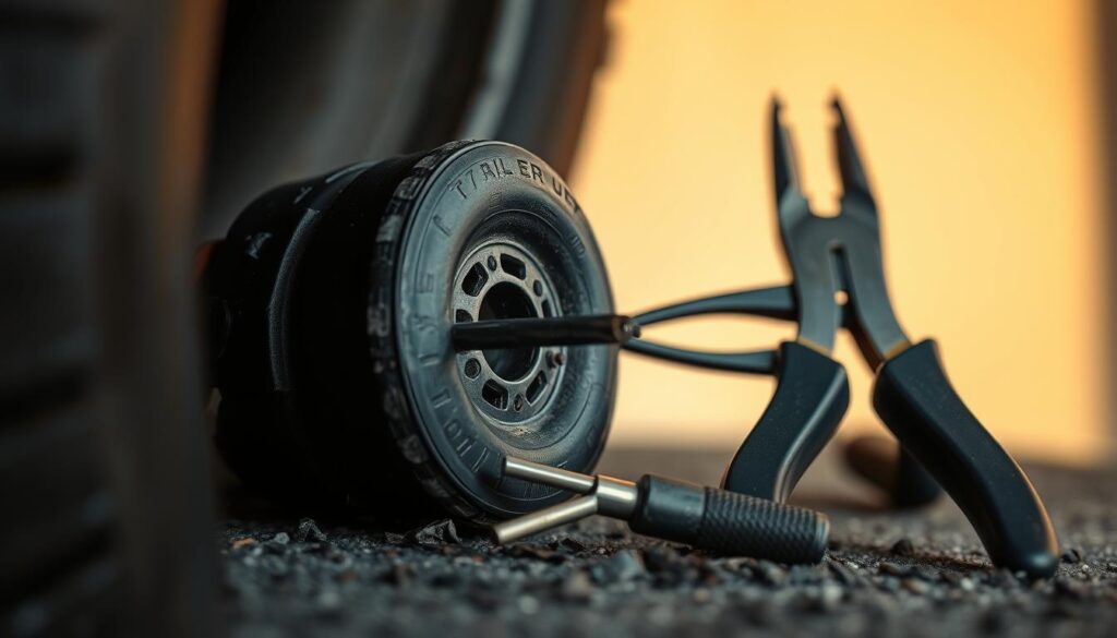 A close-up view of a tire repair kit, featuring a rubber tire plug, pliers, and a reaming tool, set against a plain background. The lighting is warm and natural, highlighting the textures and materials of the tools. The scene conveys a sense of problem-solving and self-reliance, as the viewer is guided through the process of repairing a flat tire without the need for a mechanic. A close-up view of a tire repair kit, featuring a rubber tire plug, pliers, and a reaming tool, set against a plain background. The lighting is warm and natural, highlighting the textures and materials of the tools. The scene conveys a sense of problem-solving and self-reliance, as the viewer is guided through the process of repairing a flat tire without the need for a mechanic.