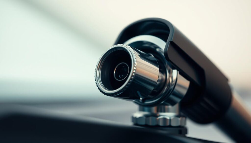 A close-up view of a vehicle's windshield washer nozzle, meticulously positioned to capture the moment of a leak check. The nozzle, chrome-plated and gleaming, is set against a softly blurred background, drawing the viewer's attention to the intricate details. Diffused lighting creates a gentle, contemplative atmosphere, highlighting the nozzle's form and function. The scene is captured from a slightly elevated angle, creating a sense of scrutiny and examination, as if the viewer is a technician inspecting the nozzle for any signs of wear or malfunction. The overall composition emphasizes the importance of this test, setting the stage for the task at hand.