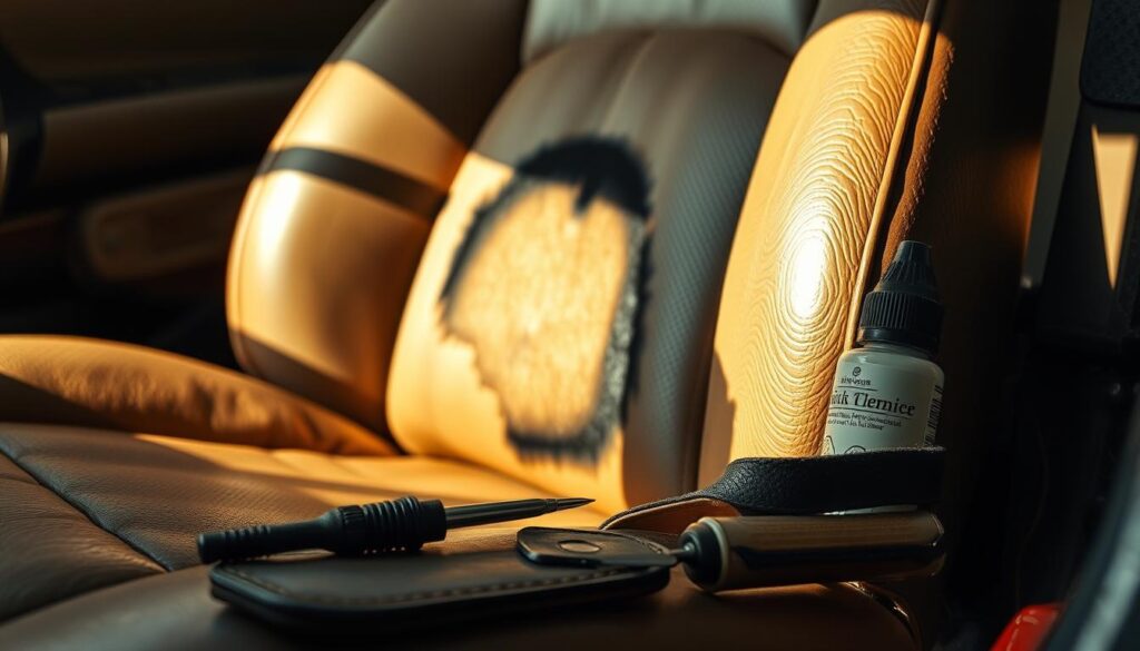 A close-up view of a worn leather car seat, with a prominent burn mark on the surface. The seat is situated in a well-lit garage, casting soft shadows that accentuate the texture and imperfections of the leather. The lighting is warm and natural, creating a cozy atmosphere. In the foreground, a set of repair tools, including a small soldering iron and a leather conditioner, are neatly arranged, ready to be used to mend the damage. The image should convey a sense of a DIY project, with the focus on the specific task of repairing the burn mark on the upholstery.
