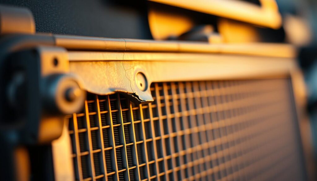 A closeup view of a car radiator with a visible crack or leak, highlighting the need for repair or replacement. The radiator is positioned in the foreground, with a neutral, slightly blurred background to draw the viewer's attention. Warm, golden-hued lighting casts a subtle glow, emphasizing the importance of addressing the issue. The radiator's metallic surfaces reflect the light, adding depth and texture to the scene. The image should convey a sense of concern, prompting the viewer to consider the necessity of addressing the radiator leak to prevent further damage to the vehicle.