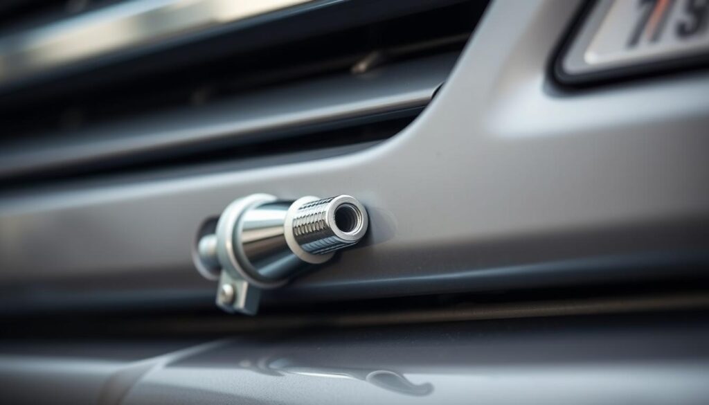 A closeup view of a windshield washer nozzle, mounted on a vehicle's front bumper, against a blurred background. The nozzle is made of chrome or plastic, with a small opening for the washer fluid to spray out. The lighting is soft and diffused, creating subtle shadows that highlight the nozzle's detailed texture and form. The camera angle is slightly elevated, providing a clear and unobstructed view of the nozzle's shape and position on the vehicle. The overall mood is one of technical focus, guiding the viewer's attention to the specific component being replaced.