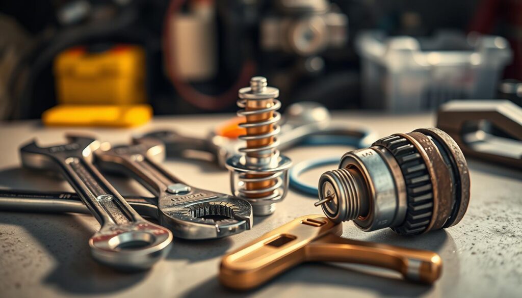 A collection of essential tools for replacing a car's thermostat, arranged on a clean, well-lit workbench. In the foreground, a set of wrenches, pliers, and a thermostat removal tool, their metal surfaces reflecting the light. In the middle ground, a new thermostat and gasket, ready for installation. The background is blurred, creating a sense of focus on the task at hand. The lighting is warm and natural, casting gentle shadows and highlighting the textures of the tools. The overall mood is one of organized efficiency, conveying the confidence and competence needed to tackle this repair job.