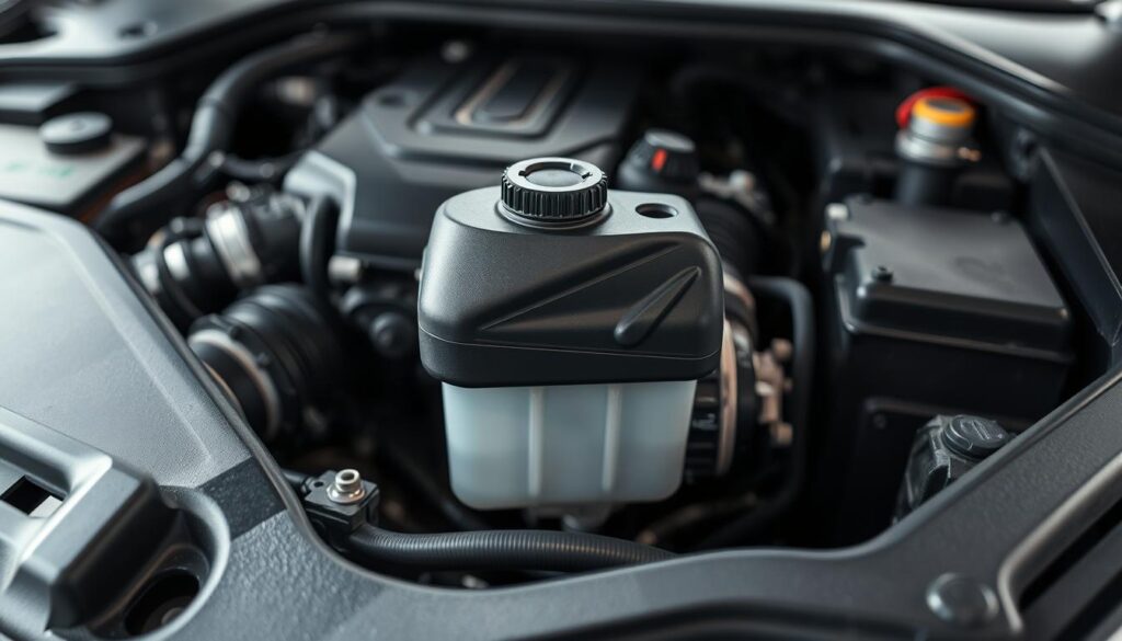 A detailed, automotive-focused image of a brake fluid reservoir situated in the engine bay of a car, with a clean, well-lit, and technical presentation. The reservoir is the focal point, positioned in the middle ground, surrounded by the intricate layout of the engine components in the background. The lighting is soft and directional, creating subtle shadows and highlights that accentuate the mechanical details. The camera angle is slightly elevated, providing a clear, unobstructed view of the reservoir and its immediate surroundings. The overall mood is one of precision, functionality, and technical expertise, reflecting the step-by-step nature of the "Preparing Your Vehicle for the Fluid Change" section.