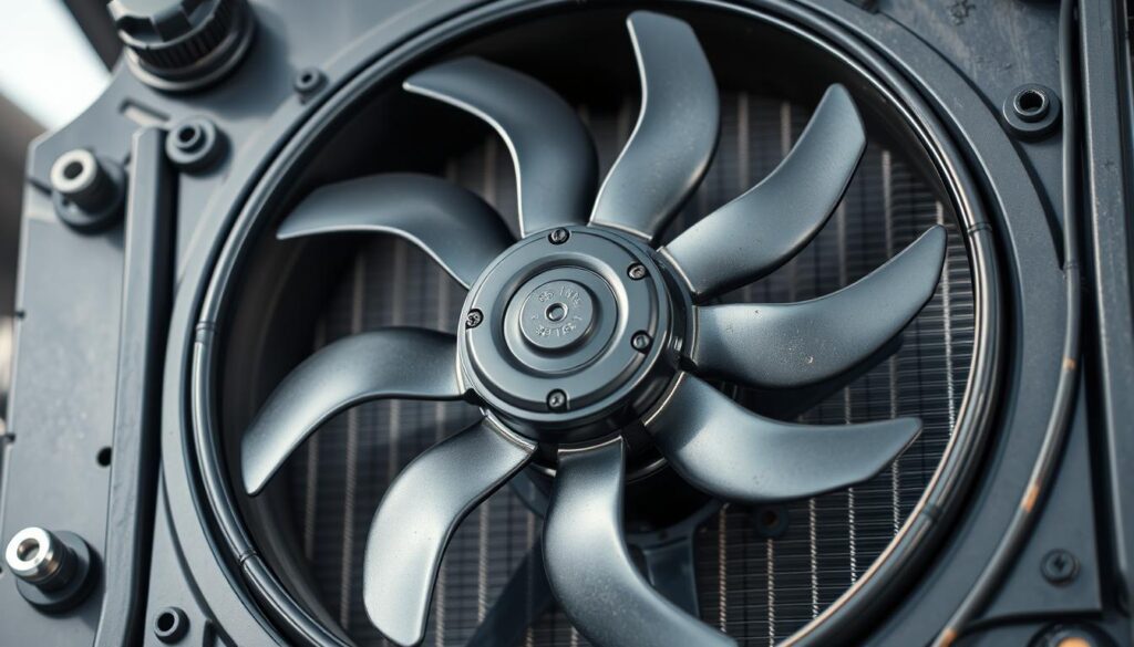 A detailed close-up photograph of a car radiator fan, showcasing its internal components and mechanical structure. The fan is prominently featured in the center of the frame, with a clear, well-lit view of the blades, motor, and protective housing. The background is slightly blurred, creating a sense of depth and focus on the subject. The lighting is bright and even, capturing the metallic textures and subtle details of the fan's design. The camera angle is slightly angled, providing a dynamic, three-dimensional perspective of the radiator fan upgrade.