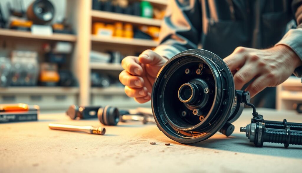 A detailed, close-up view of a car horn mechanism undergoing maintenance. The foreground features the disassembled horn, its inner components visible, with a mechanic's tools nearby. The middle ground shows the mechanic's hands working on the horn, demonstrating the step-by-step process. The background is a clean, well-lit workshop setting, with shelves of spare parts and tools visible. The lighting is warm and focused, emphasizing the technical details. The mood is one of diligence and precision, reflecting the importance of proper car horn maintenance. The image should convey a sense of expertise and attention to detail, without any distracting elements.