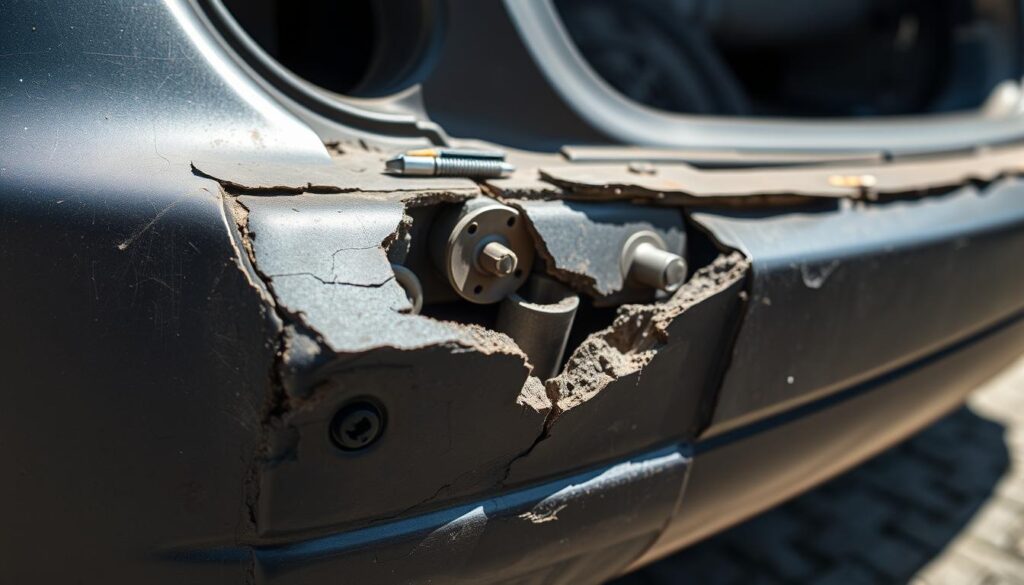 A detailed close-up view of a cracked car bumper, shot in natural sunlight with a shallow depth of field. The bumper is partially disassembled, revealing the internal structure and damage. The foreground focuses on the crack, jagged and uneven, with a slight separation between the two halves. The middle ground shows the mounting hardware and fasteners, hinting at the repair process. The background is blurred, but suggests the side of the vehicle and the surrounding environment. The overall mood is one of technical examination, guiding the viewer through the common types of bumper damage that can be repaired at home.