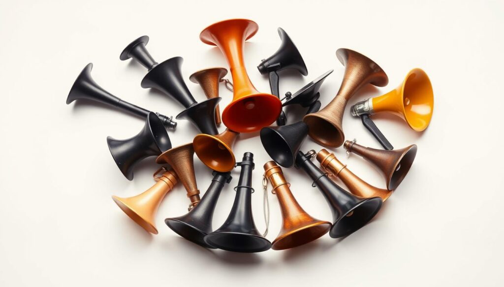 A detailed collection of car horn types, arranged neatly on a clean, white background. The horns are prominently displayed, with a focus on their distinct shapes, sizes, and materials. Warm, directional lighting casts gentle shadows, highlighting the textural details of each horn. The composition is balanced, with the horns evenly spaced and positioned to showcase their unique characteristics. The overall mood is one of clean, professional presentation, suitable for an informative DIY guide on car horn replacement.