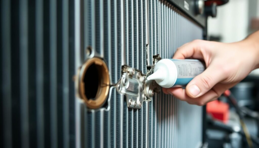 A detailed cross-section of a radiator, illuminated by natural daylight and captured with a wide-angle lens. The foreground showcases the radiator core, with the metal fins and coolant channels visible. The middle ground highlights the leak repair process, depicting a skilled mechanic applying a sealant compound to the leaking area. The background subtly fades, emphasizing the focus on the radiator and the repair technique. The overall scene conveys a sense of problem-solving and technical expertise, perfectly suited for the "Types of Radiator Leaks" section of the DIY guide.