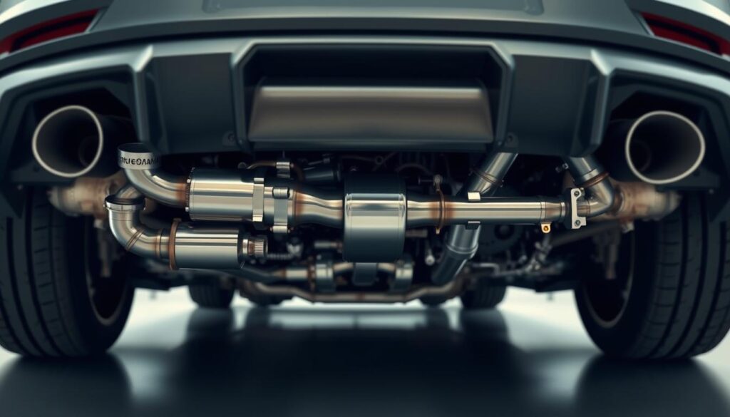 A detailed cross-section view of the key components in a modern car exhaust system. The foreground features the exhaust manifold, catalytic converter, and muffler, showcasing their intricate designs and engineering. The middle ground displays the exhaust pipes, resonator, and tailpipe, all rendered with technical precision. The background subtly suggests the undercarriage of the vehicle, providing context and scale. Lighting is soft and diffused, highlighting the metallic textures and intricate details. The overall mood is one of technical sophistication and automotive engineering prowess. A detailed cross-section view of the key components in a modern car exhaust system. The foreground features the exhaust manifold, catalytic converter, and muffler, showcasing their intricate designs and engineering. The middle ground displays the exhaust pipes, resonator, and tailpipe, all rendered with technical precision. The background subtly suggests the undercarriage of the vehicle, providing context and scale. Lighting is soft and diffused, highlighting the metallic textures and intricate details. The overall mood is one of technical sophistication and automotive engineering prowess.