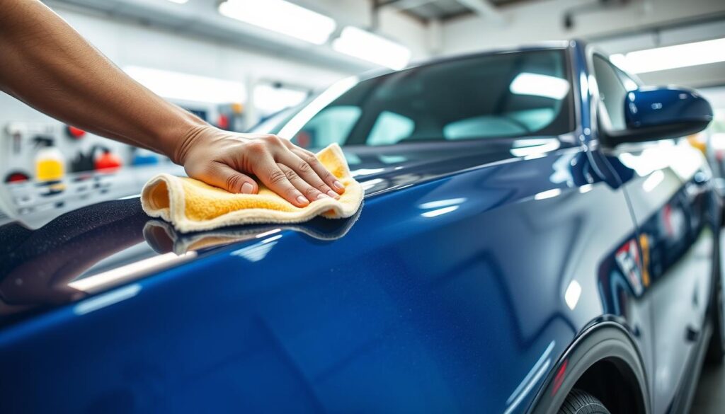 A detailed, high-resolution image showcasing the car detailing process. The foreground displays a car undergoing a thorough cleaning, with a professional detailer meticulously wiping down the surface with a microfiber cloth, revealing a flawless, glossy finish. The middle ground features various detailing tools and products neatly arranged, including polishes, waxes, and cleaning solutions. The background depicts a well-lit, modern auto workshop, with bright, diffused lighting that accentuates the car's sleek lines and vibrant color. The overall atmosphere conveys a sense of precision, attention to detail, and a dedication to achieving a showroom-ready appearance.