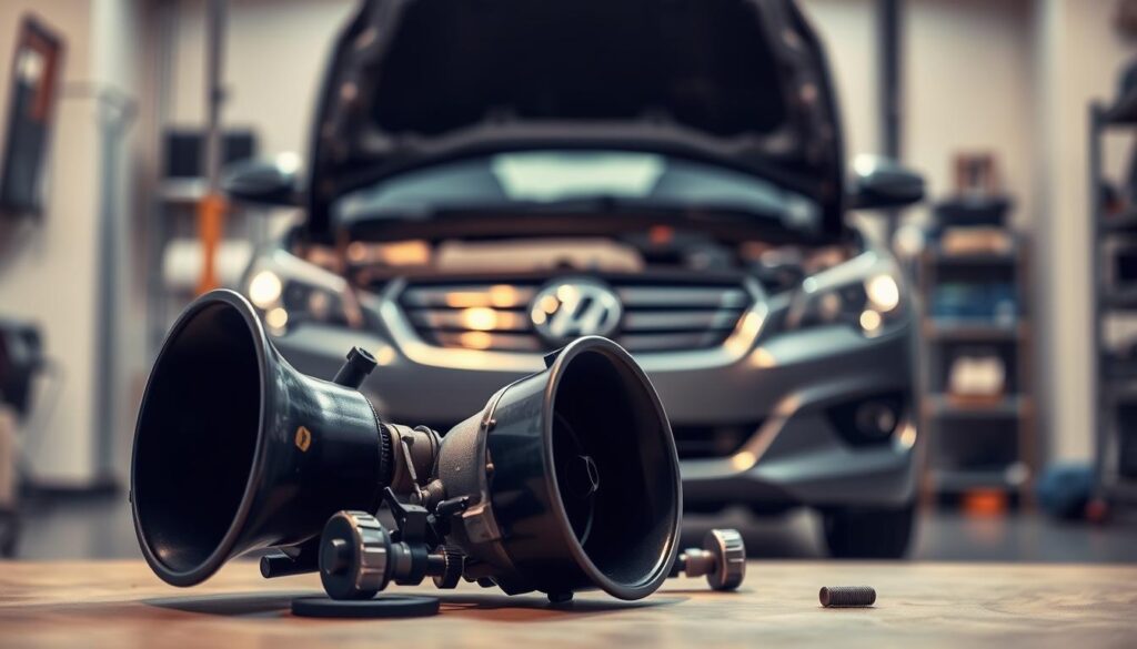 A detailed instructional guide for replacing a car horn, showcased against a clean, well-lit automotive workshop backdrop. In the foreground, a disassembled car horn assembly, its components neatly arranged, inviting the viewer to study the step-by-step replacement process. The middle ground features a partially opened car engine bay, providing context and a sense of scale. Subtle ambient lighting casts warm, diffused shadows, creating depth and emphasizing the technical nature of the task. The overall composition conveys a sense of approachability and accessibility, encouraging the reader to confidently undertake this common automotive DIY project.