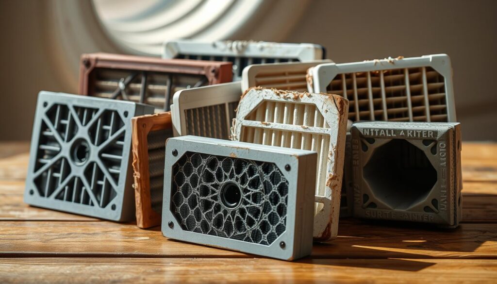 A detailed still life of various types of cabin air filters, arranged neatly on a wooden surface. The filters are shown in close-up, with natural lighting casting soft shadows to highlight their intricate textures and designs. The background is blurred, creating a sense of focus on the filters themselves. The image conveys a sense of technical expertise and attention to detail, suitable for illustrating a section on understanding different cabin air filter types.