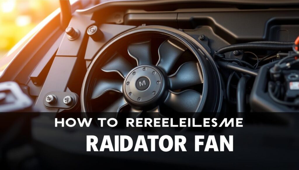 A detailed view of a car's radiator fan assembly, shot with a high-resolution camera in natural lighting. The fan is positioned in the foreground, with the surrounding components such as the mounting bracket and electrical connections clearly visible. The image has a technical, engineering-focused aesthetic, with a slight depth of field to emphasize the intricate details. The overall scene conveys a sense of functionality and mechanical precision, suitable for illustrating a step-by-step guide on radiator fan replacement.