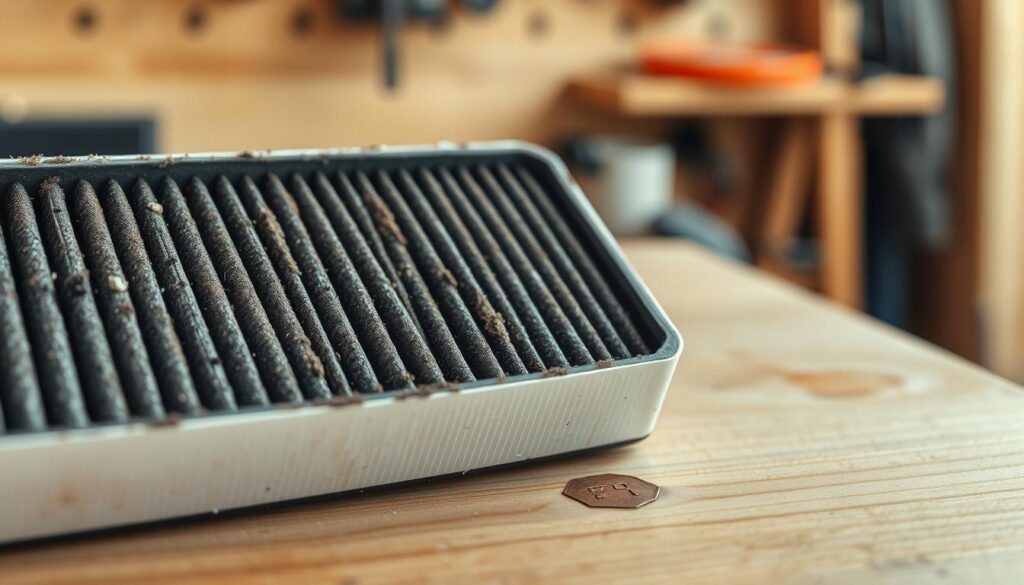 A detailed, well-lit close-up image of a car's cabin air filter lying on a clean, wooden workbench. The filter is dirty and discolored, indicating the need for replacement. The background is slightly blurred, but the filter is in sharp focus, emphasizing its central role in the scene. The lighting is soft and natural, creating warm, inviting tones that enhance the tactile quality of the filter. The overall composition conveys a sense of focus and attention to detail, reflecting the importance of this maintenance task.
