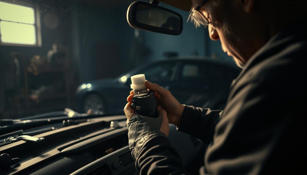 A dimly lit automotive workshop, the focus centered on a partially disassembled car dashboard. In the foreground, a mechanic's hands carefully remove a windshield washer pump, the intricate mechanism exposed. Subtle shadows and warm, muted lighting create a pensive, contemplative atmosphere, suggesting a moment of deliberation. The middle ground features various automotive tools and parts, hinting at the complexity of the task. In the background, the outline of a car's silhouette can be seen, emphasizing the context of the repair. The mechanic's face remains obscured, directing the viewer's attention to the delicate process at hand.