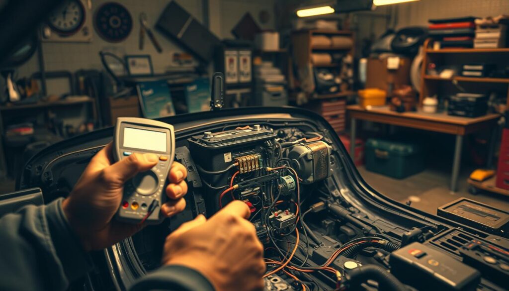 A dimly lit garage filled with tools and car parts, the focus is on a car's exposed electrical system. In the foreground, a pair of hands wielding a multimeter, probing the wiring and connections. The middle ground showcases a detailed cutaway of the car's electrical components, including the battery, alternator, and fuse box. The background is hazy, with shelves of automotive manuals and a workbench in the distance. The lighting is warm and moody, casting shadows that highlight the intricate details of the electrical system. The overall atmosphere conveys a sense of focus and problem-solving, as the hands work to diagnose and repair the car's electrical issues. A dimly lit garage filled with tools and car parts, the focus is on a car's exposed electrical system. In the foreground, a pair of hands wielding a multimeter, probing the wiring and connections. The middle ground showcases a detailed cutaway of the car's electrical components, including the battery, alternator, and fuse box. The background is hazy, with shelves of automotive manuals and a workbench in the distance. The lighting is warm and moody, casting shadows that highlight the intricate details of the electrical system. The overall atmosphere conveys a sense of focus and problem-solving, as the hands work to diagnose and repair the car's electrical issues.
