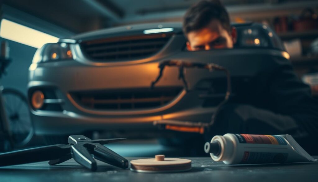 A dimly lit garage interior, the focus on a car's damaged front bumper. In the foreground, a set of tools - pliers, sandpaper, and a tube of adhesive - neatly arranged, hinting at the repair process. In the middle ground, the cracked and dented bumper, its surface marred by cracks and scuffs. The background subtly blurred, drawing the eye to the central problem. Soft, warm lighting casts gentle shadows, creating a contemplative atmosphere as the DIY mechanic examines the issue, their face obscured, determined to find a solution.