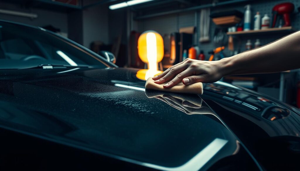 A dimly lit garage interior, with a car's glossy black surface reflecting the warm glow of a floor lamp. In the foreground, a person's hands carefully apply a polishing compound to the car's hood, using a high-quality microfiber applicator pad. The middle ground reveals the car's body panels, meticulously cleaned and ready for the polishing process. In the background, various car care products and tools are neatly organized on a workbench, suggesting a professional-level setup. The scene conveys a sense of focus and attention to detail, with the goal of restoring the car's showroom-like finish.