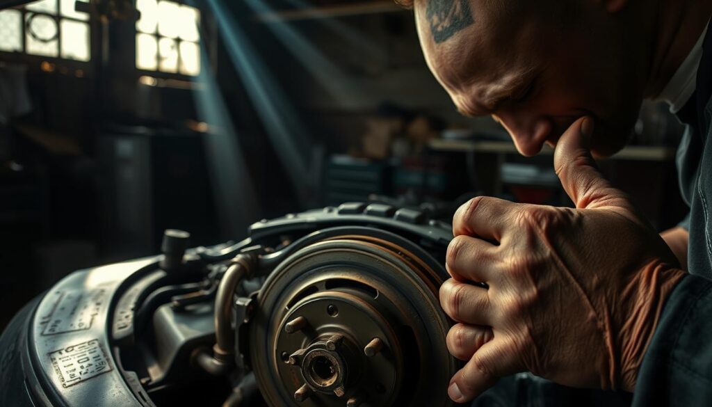 A dimly lit mechanic's workshop, the air thick with the scent of grease and motor oil. In the center, a car's brake system lies exposed, the brake fluid reservoir a stark reminder of its importance. Shafts of light filter in through grimy windows, casting dramatic shadows across the scene. The brake fluid itself appears murky and discolored, a visual cue to the consequences of neglect. The mechanic's hands, calloused and weathered, carefully inspect the fluid, their face obscured, conveying a sense of concern. The overall atmosphere is one of foreboding, highlighting the potential dangers of ignoring this critical maintenance task. A dimly lit mechanic's workshop, the air thick with the scent of grease and motor oil. In the center, a car's brake system lies exposed, the brake fluid reservoir a stark reminder of its importance. Shafts of light filter in through grimy windows, casting dramatic shadows across the scene. The brake fluid itself appears murky and discolored, a visual cue to the consequences of neglect. The mechanic's hands, calloused and weathered, carefully inspect the fluid, their face obscured, conveying a sense of concern. The overall atmosphere is one of foreboding, highlighting the potential dangers of ignoring this critical maintenance task.