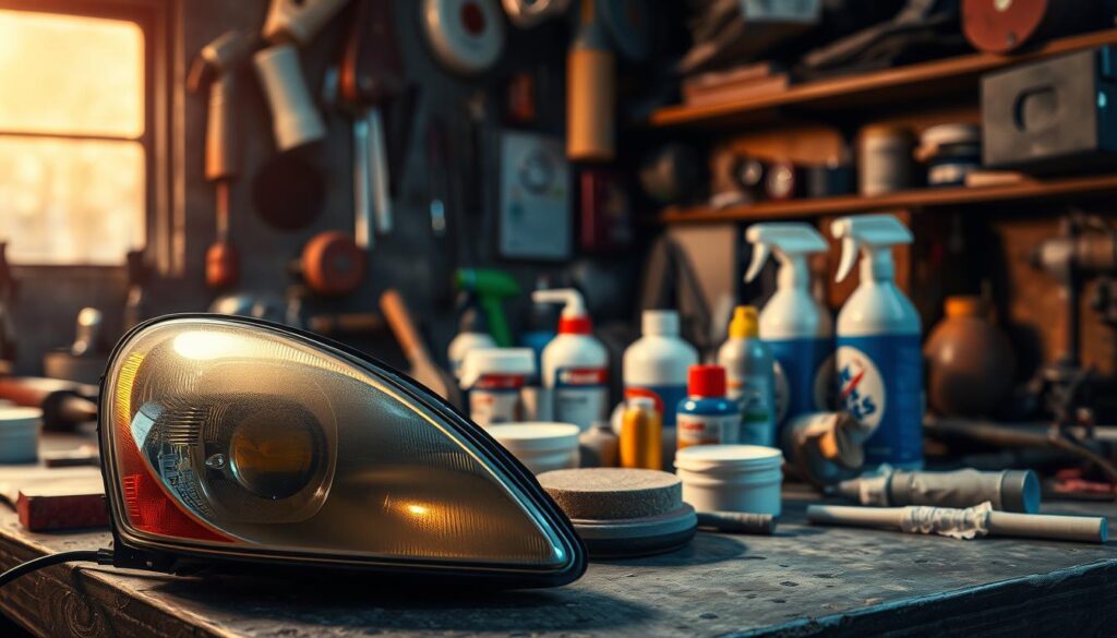 A dimly lit workshop with a cluttered workbench displaying various tools and materials. In the foreground, a pair of foggy, yellowed headlights stands out, highlighting the need for restoration. The middle ground features a selection of abrasives, polishing compounds, and cleaning supplies, representing the common DIY methods for restoring headlights. The background is slightly blurred, emphasizing the focus on the headlight restoration process. The lighting is warm and subtle, creating a sense of a hands-on, DIY atmosphere. The overall scene conveys the typical causes of headlight fogging and the tools required to address the issue.