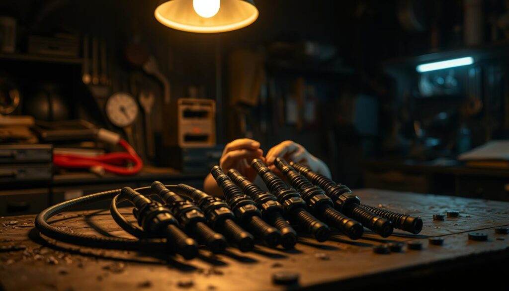A dimly lit workshop, with a sturdy workbench in the foreground. On the bench, a set of spark plug wires neatly arranged, their intricate patterns of rubber and metal reflecting the soft, warm glow of a single lamp overhead. In the middle ground, a pair of skilled hands carefully inspecting the wires, checking for cracks, fraying, or signs of wear. The background is hazy, filled with the tools and equipment of an auto mechanic's domain, creating a sense of focus and attention to detail. The overall mood is one of diligence and care, as the maintenance of these vital components is carried out with precision and expertise.