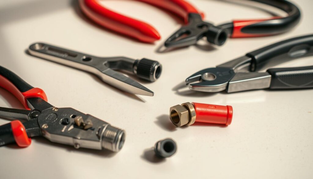 A high-quality, well-lit, detailed close-up shot of various spark plug wire installation tools, including pliers, cutters, and a spark plug boot remover, arranged neatly on a clean, neutral-colored surface, with a soft, natural lighting creating shadows that add depth and dimension to the scene, capturing the professional, DIY-friendly atmosphere of the "Tools and Materials Needed" section for the article "DIY Guide: Replacing Spark Plug Wires Correctly".