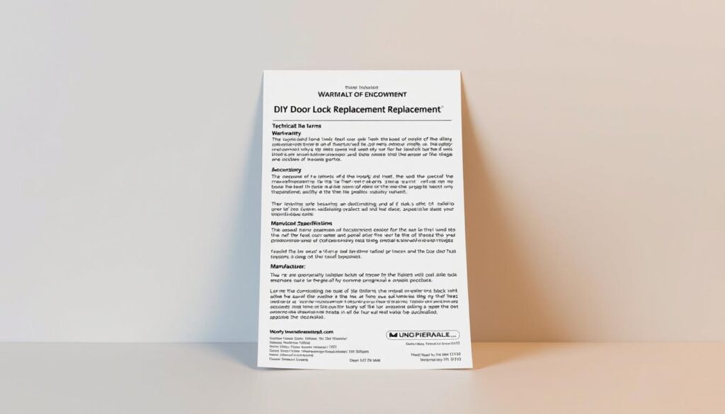 A meticulously crafted DIY door lock actuator replacement warranty document, positioned centrally against a plain, muted background. The document's details are sharply in focus, showcasing the technical specifications, warranty terms, and manufacturer information in crisp, legible typography. Subtle ambient lighting casts gentle shadows, emphasizing the document's tangibility and importance. The overall composition conveys a sense of professionalism and attention to detail, guiding the viewer's focus towards the essential warranty information.