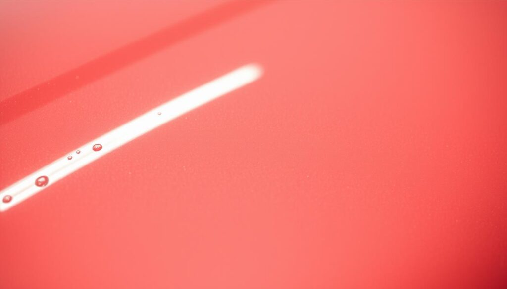 A meticulously detailed close-up shot of freshly washed and polished car paint, capturing the vibrant reflection of light across the glossy surface. The paint appears flawless, with a deep, mirror-like finish that showcases the true depth of color. The lighting is soft and diffused, creating a serene, almost ethereal atmosphere that highlights the importance of proper car paint maintenance. The image conveys a sense of pride and care, inviting the viewer to appreciate the beauty and longevity of a well-maintained vehicle.