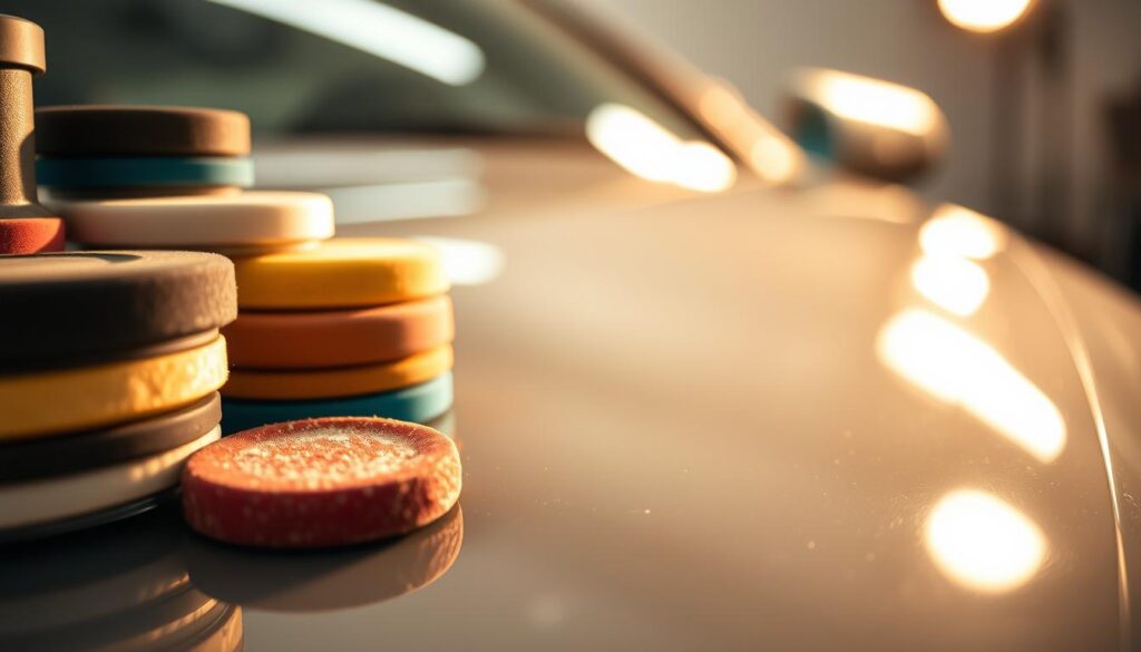A meticulously detailed close-up view of the paint correction process on a car's surface. In the foreground, an array of polishing pads and compounds are arranged in an organized fashion, reflecting the precision and care required for this task. The middle ground features the car's glossy paint, partially obscured by the soft blur of a shallow depth of field, highlighting the delicate nature of the treatment. In the background, a warm, diffused lighting setup casts a subtle glow, creating a serene and professional atmosphere. The car's surface is free of any identifying features, allowing the viewer to focus solely on the intricate process of restoring the paint's luster and shine.