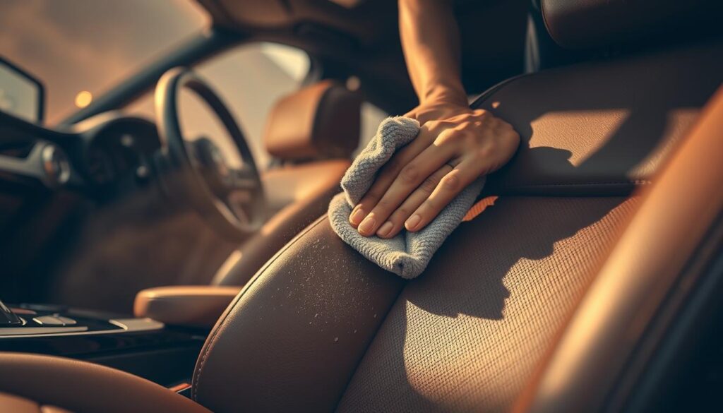 A meticulously detailed scene of a car interior undergoing professional upholstery cleaning. A soft, plush leather seat in the foreground, glistening with a light mist of cleaning solution. Midground, a skilled technician's hands delicately working a microfiber cloth over the surface, lifting away dirt and grime. In the background, the car's dashboard and steering wheel, partially obscured, creating a sense of depth. Warm, diffused lighting from an unseen source casts a gentle glow, highlighting the supple texture of the leather. The atmosphere conveys a sense of care and attention to detail, as if the viewer is witnessing the rejuvenation of a cherished vehicle's interior.