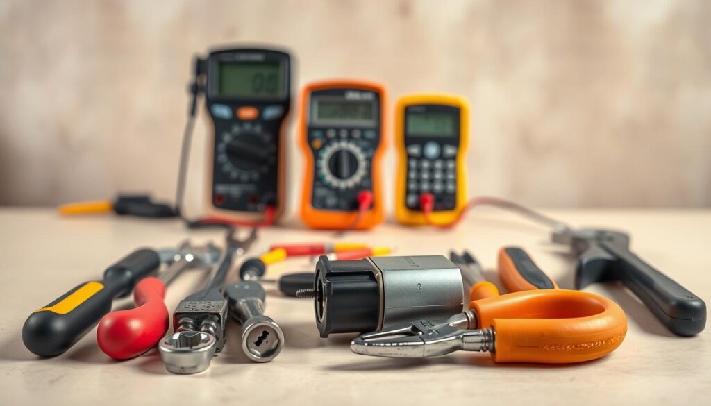 A neatly arranged set of essential DIY door lock actuator replacement tools placed on a clean, well-lit workbench. In the foreground, a set of screwdrivers, pliers, and a socket wrench sit alongside a car door lock actuator. In the middle ground, a digital multimeter and a wire stripper stand ready. The background features a blurred, neutral-toned backdrop, creating a focused and professional atmosphere. The lighting is soft and even, highlighting the tools' textures and details. The camera angle is slightly elevated, providing a clear, unobstructed view of the tools and materials.